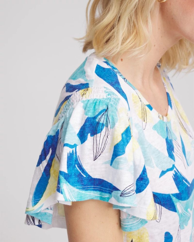 Chicos Linen Smocked Flutter-Sleeved Tee - ALABASTER