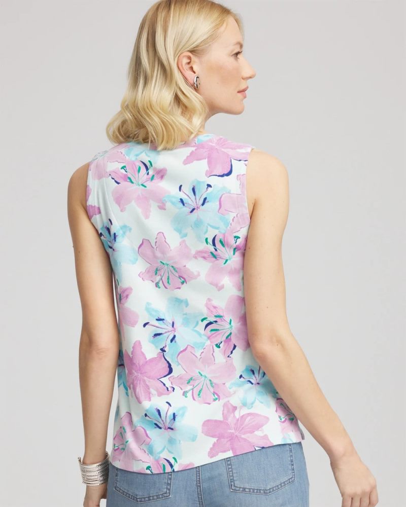 Chicos Floral Sleeveless V-Neck Tank - PARADISO BLUE