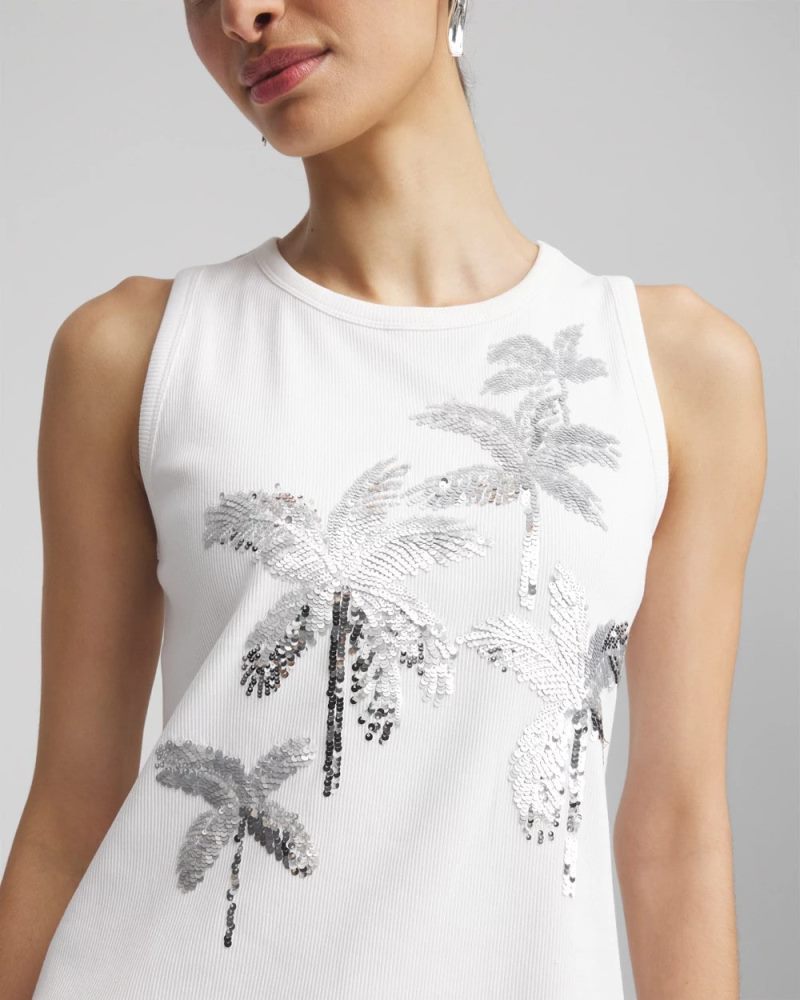 Chicos Paillette Palm Tree Tank - ALABASTER