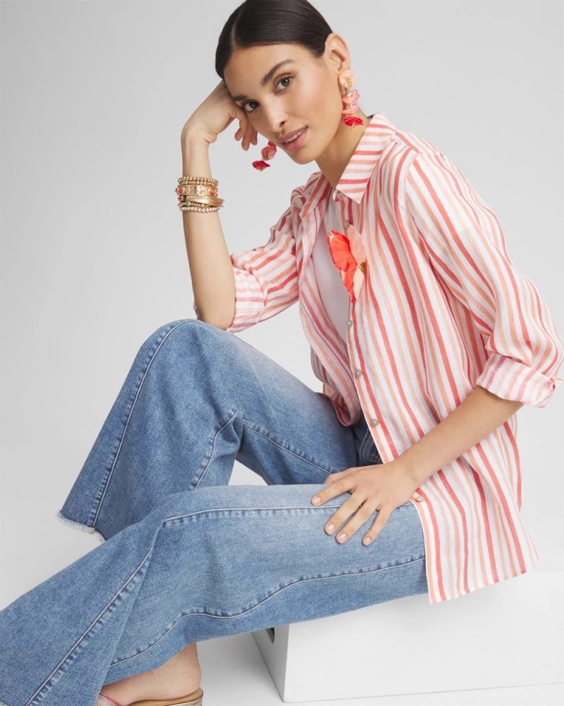 Chicos No Iron Striped Linen Shirt - CORAL BLOSSOM