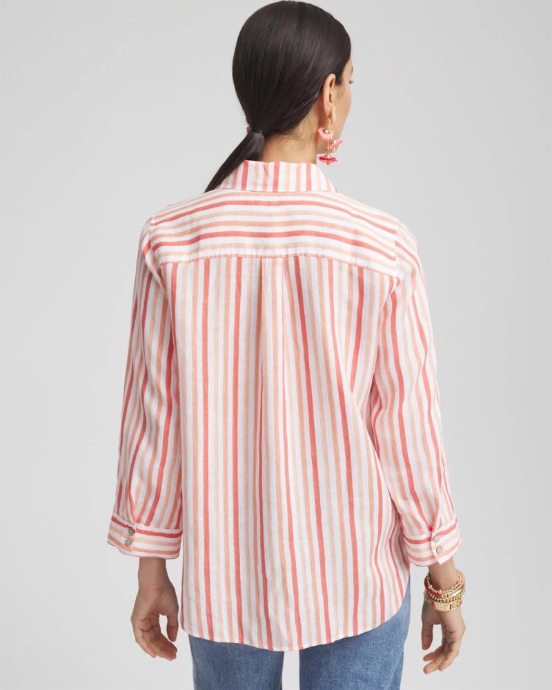 Chicos No Iron Striped Linen Shirt - CORAL BLOSSOM