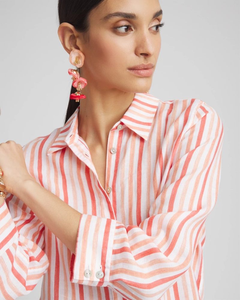 Chicos No Iron Striped Linen Shirt - CORAL BLOSSOM