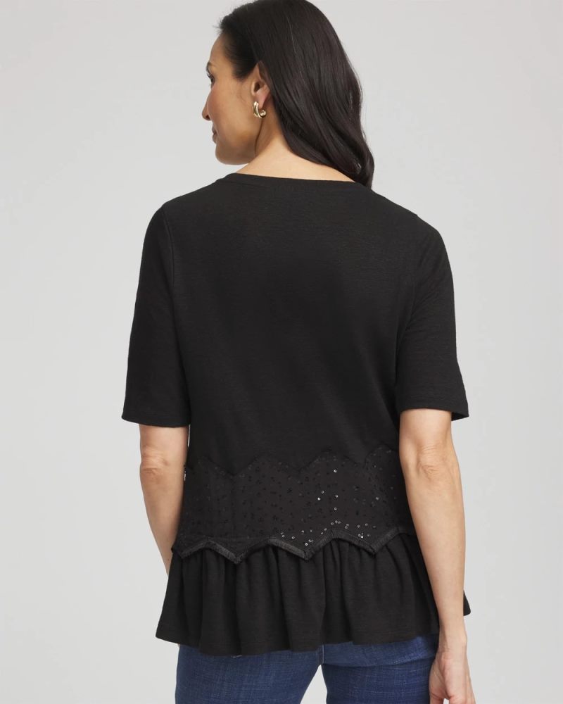 Chicos Chevron Sequin Peplum Linen Tee - BLACK