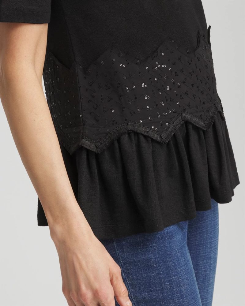 Chicos Chevron Sequin Peplum Linen Tee - BLACK