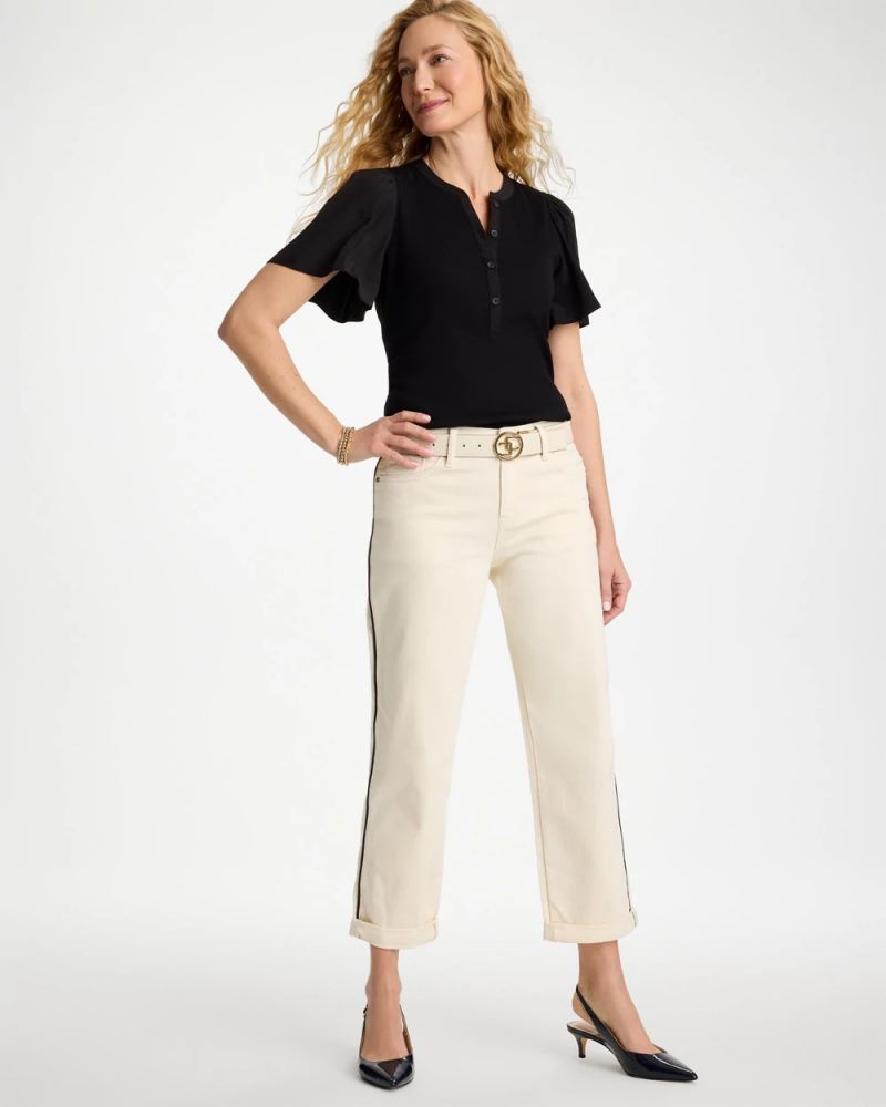 Chicos Rib Knit Woven Flutter Sleeve Tee - BLACK