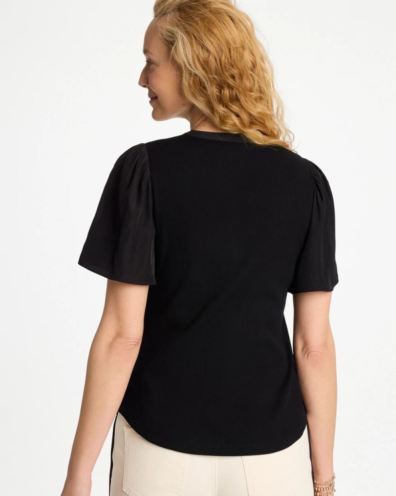 Chicos Rib Knit Woven Flutter Sleeve Tee - BLACK