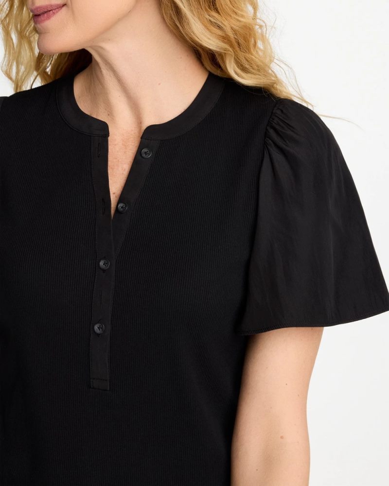 Chicos Rib Knit Woven Flutter Sleeve Tee - BLACK