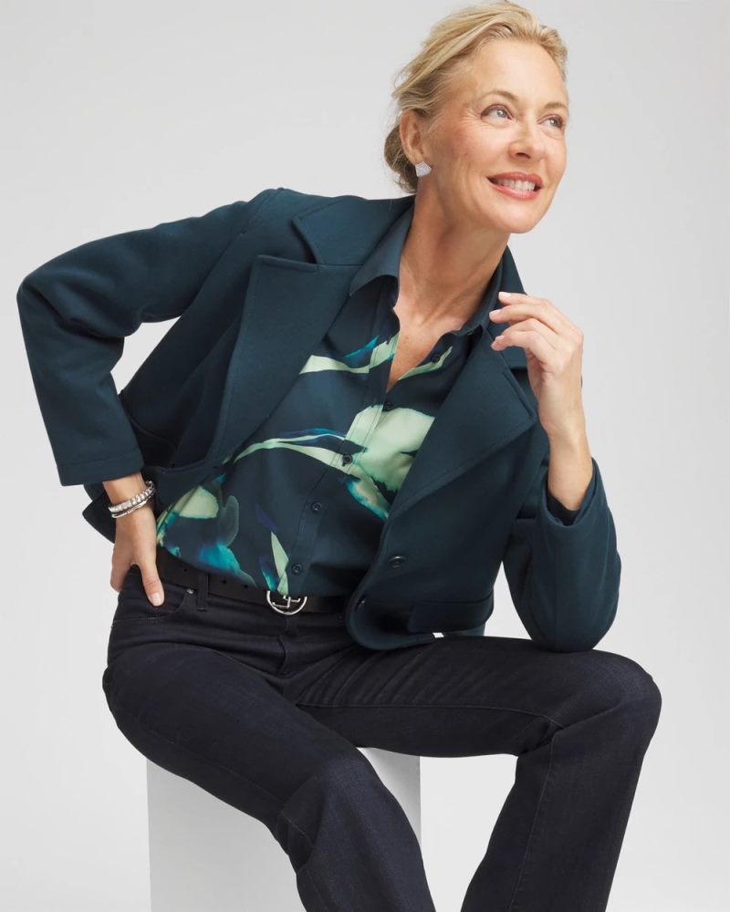 Chicos No Iron Glacial Flora Sateen Shirt - TEAL SHADOW