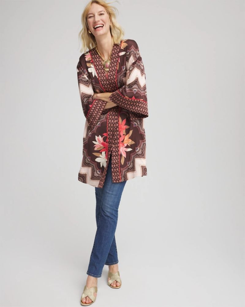 Chicos Long Mixed-Print Kimono - CACAO