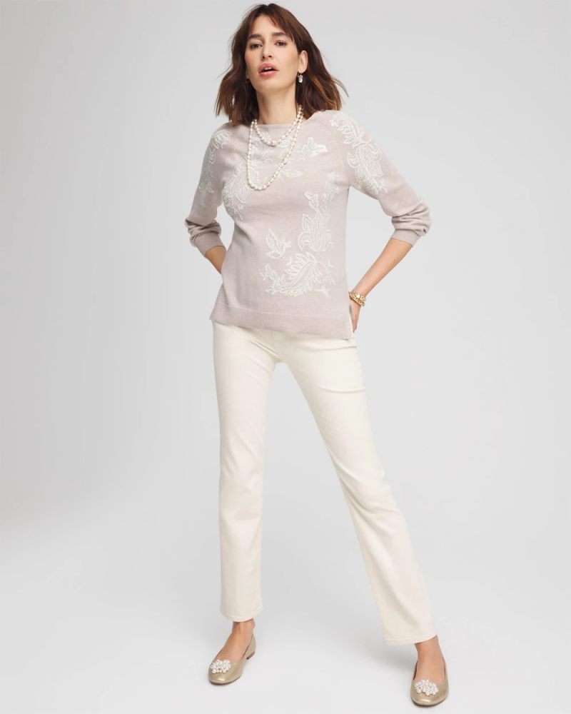 Chicos Embroidered Boatneck Sweater - HELIUM