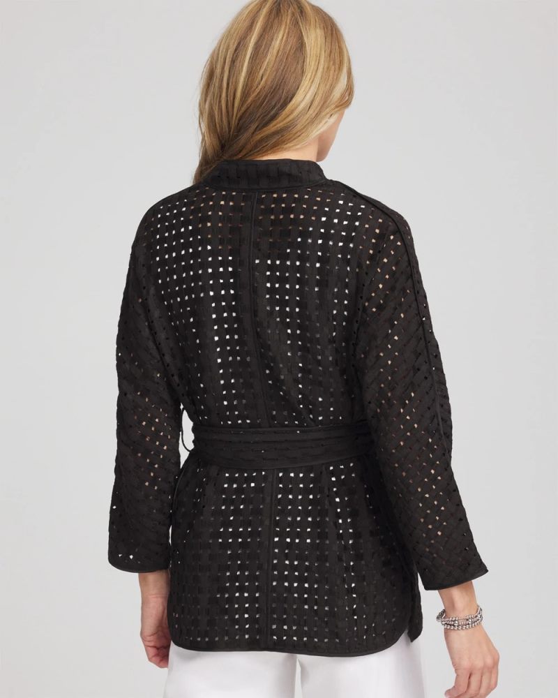 Chicos Open-Stitch Tie-Front Kimono Jacket - BLACK