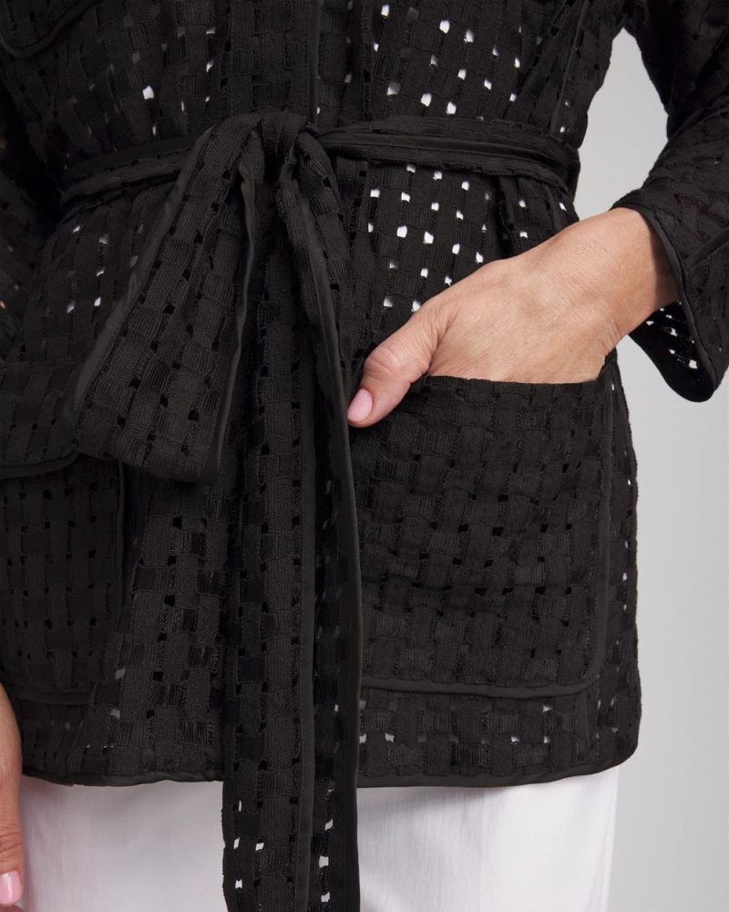 Chicos Open-Stitch Tie-Front Kimono Jacket - BLACK