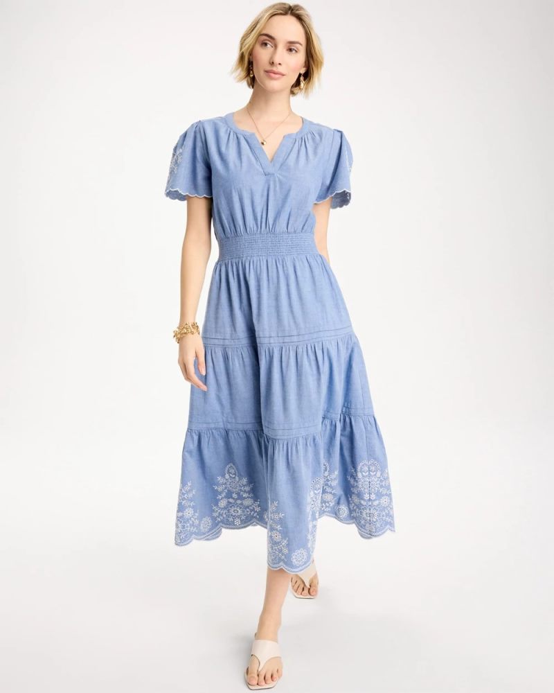 Chicos Chambray Embroidered Dress - LIGHT INDIGO