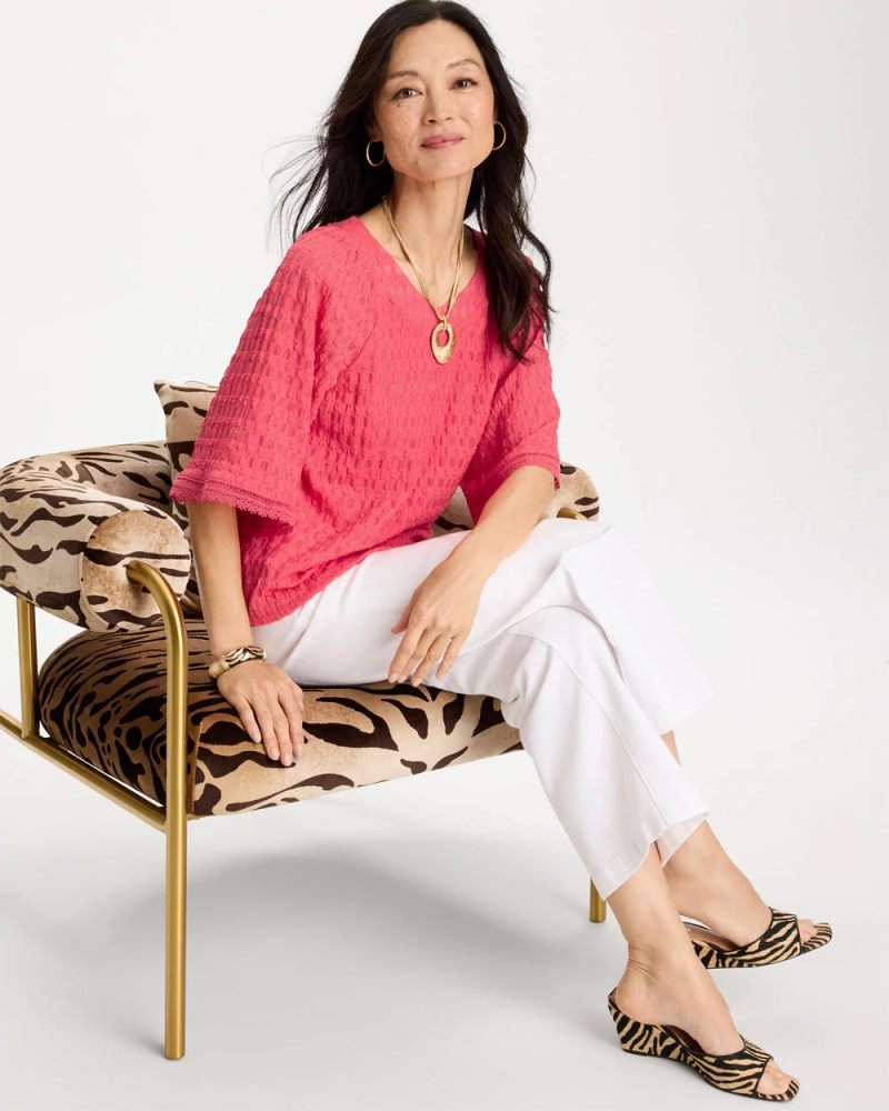 Chicos Crinkle Lace Knit Raglan Tee - CALYPSO CORAL