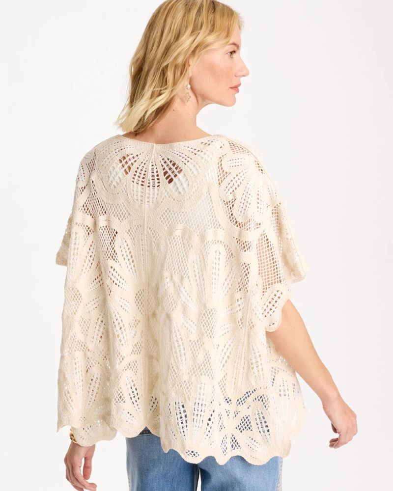Chicos Woven Cotton-Blend Crochet Lace Poncho - ECRU