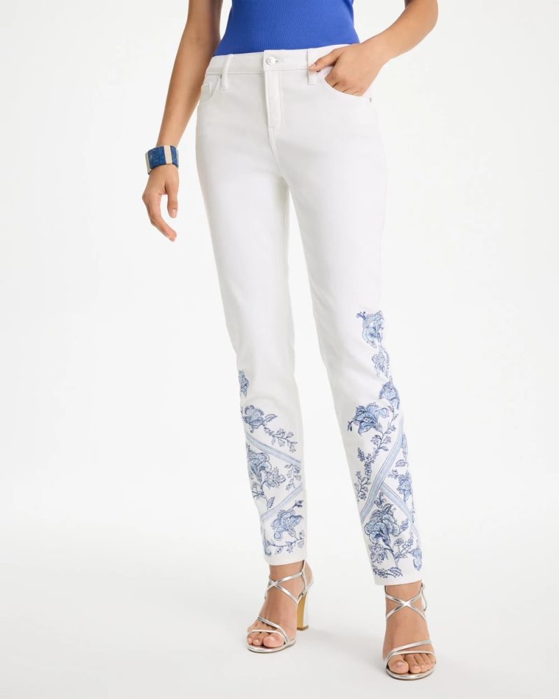 Chicos Embroidered Girlfriend Slim Ankle Jeans - ALABASTER