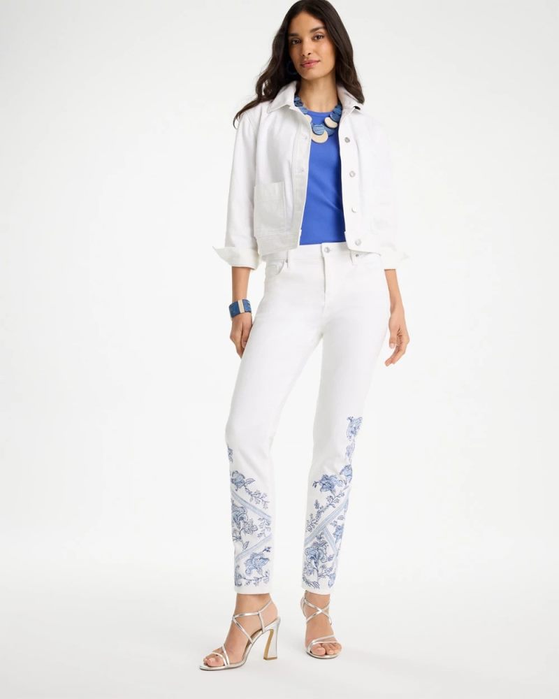 Chicos Embroidered Girlfriend Slim Ankle Jeans - ALABASTER