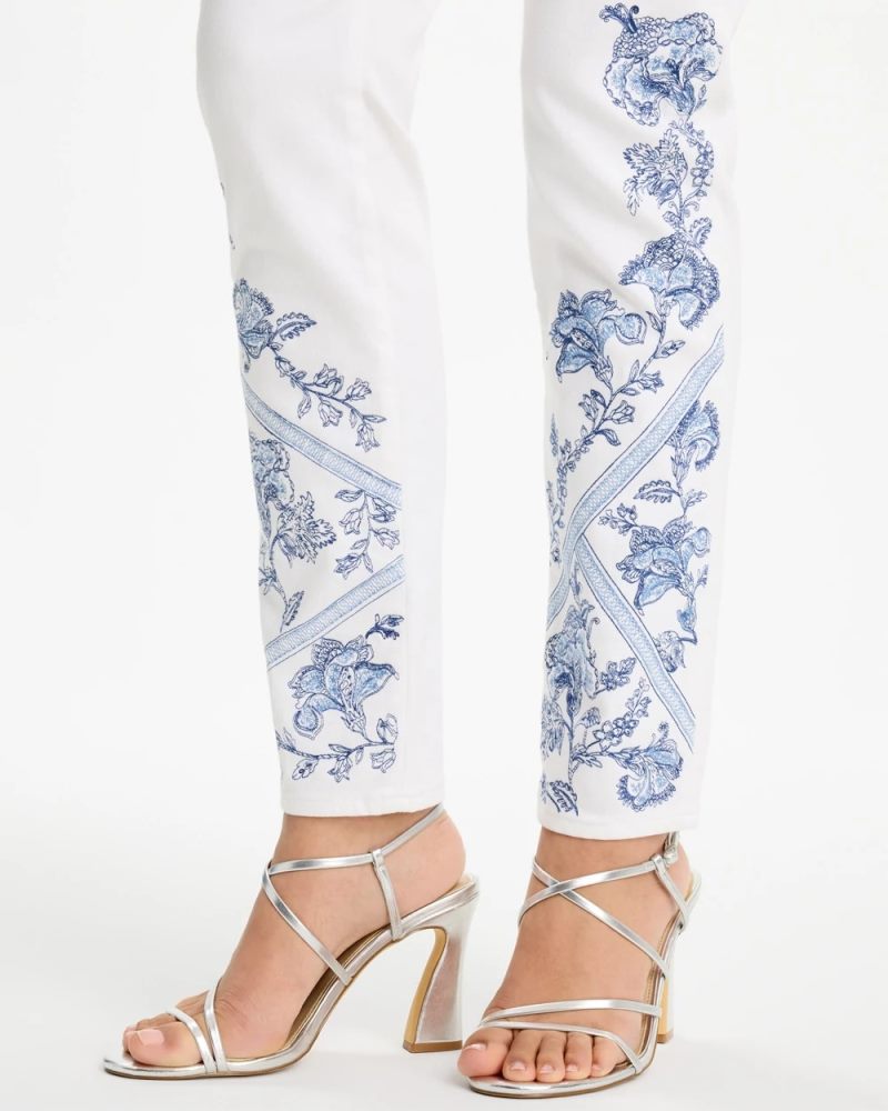 Chicos Embroidered Girlfriend Slim Ankle Jeans - ALABASTER
