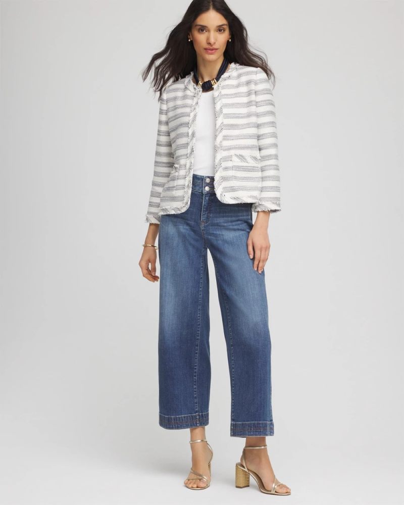 Chicos Striped Tweed Collarless Box Jacket - ECRU