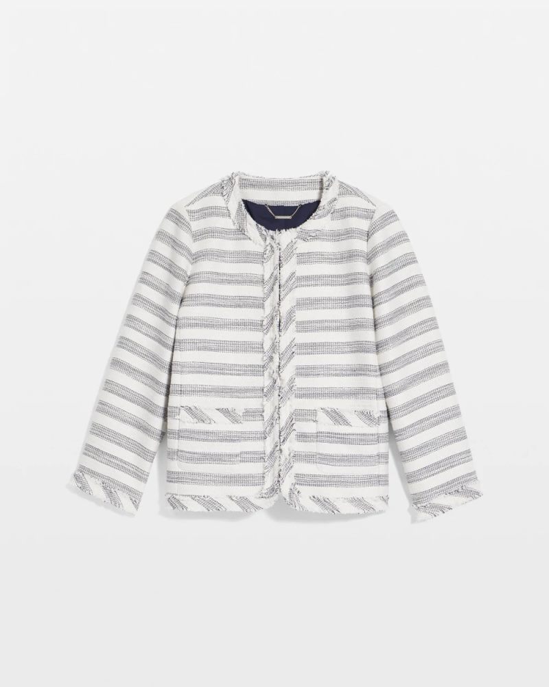 Chicos Striped Tweed Collarless Box Jacket - ECRU