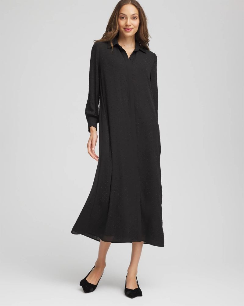 Chicos Sequined Long-Sleeved Maxi Shirtdress - BLACK