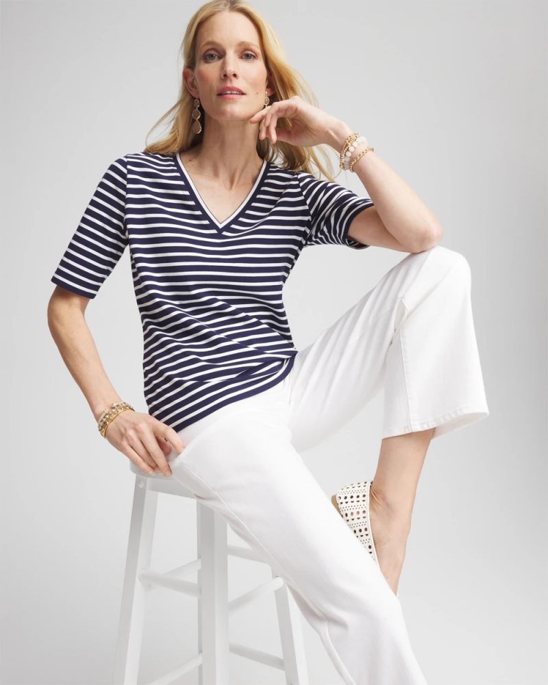 Chicos Striped V-Neck Perfect Tee - PASSPORT BLUE