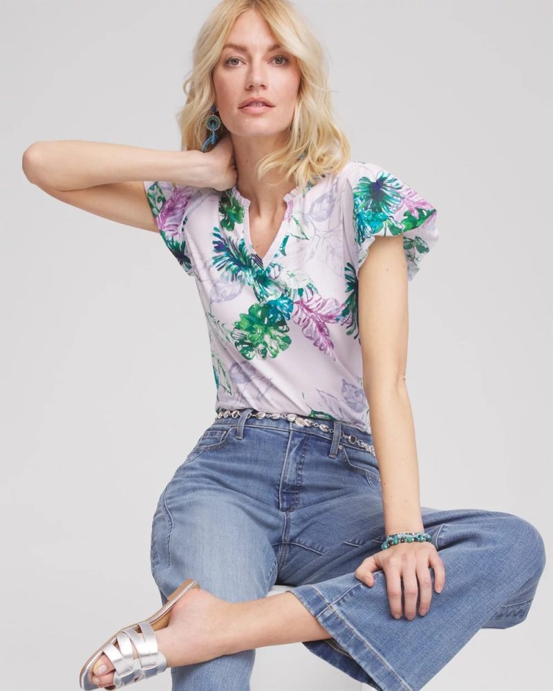 Chicos Notch Neck Cap Sleeve Tee - GENTLE LAVENDER