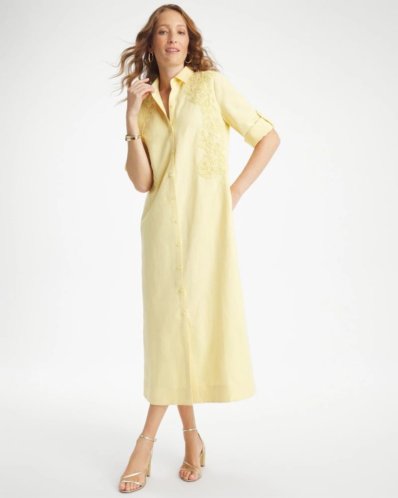 Chicos Embellished Linen-Cotton Shirtdress - GOLDEN HAZE