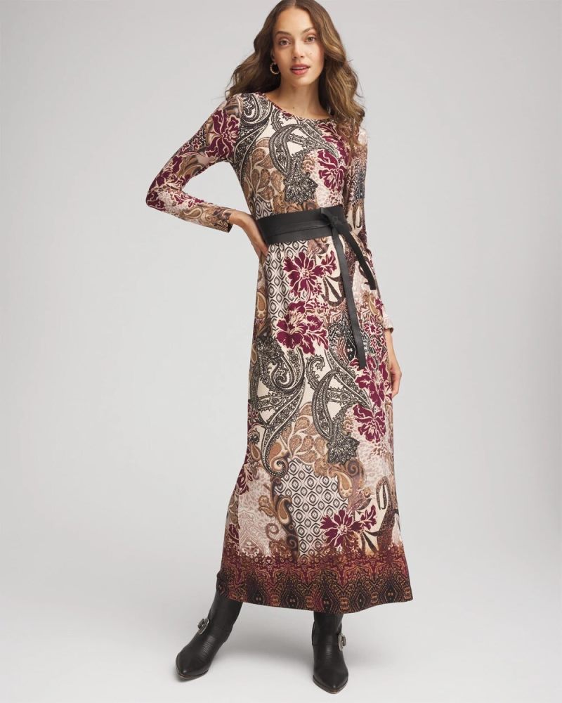 Chicos Patchwork Boatneck Column Maxi Dress - GRAPHITE GRAY