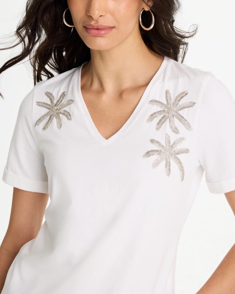Chicos Cotton Stretch Palm Sequin Tee - ALABASTER