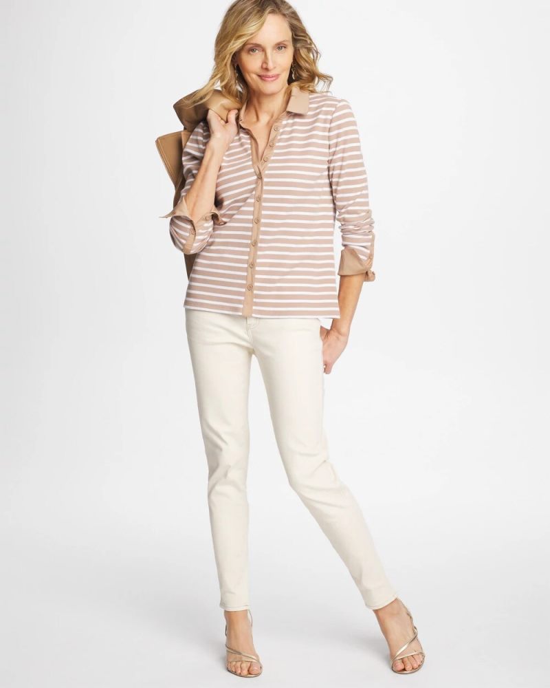 Chicos Striped Collared Rib Mix Henley - CATTAIL BROWN