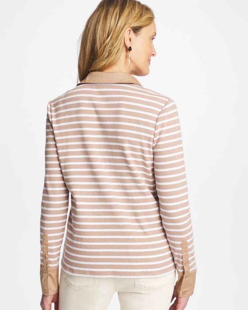 Chicos Striped Collared Rib Mix Henley - CATTAIL BROWN