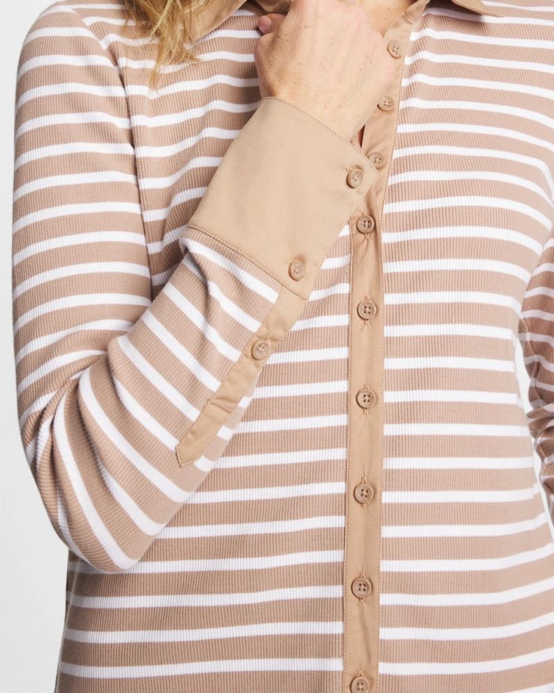 Chicos Striped Collared Rib Mix Henley - CATTAIL BROWN