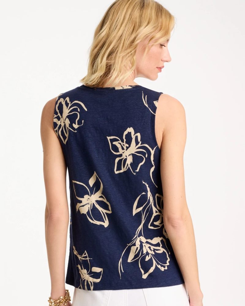 Chicos Floral Linen Tank - PASSPORT BLUE