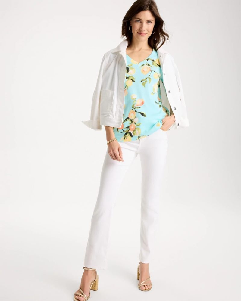 Chicos Pima Printed Elbow-Sleeve Tee - BONDI BLUE