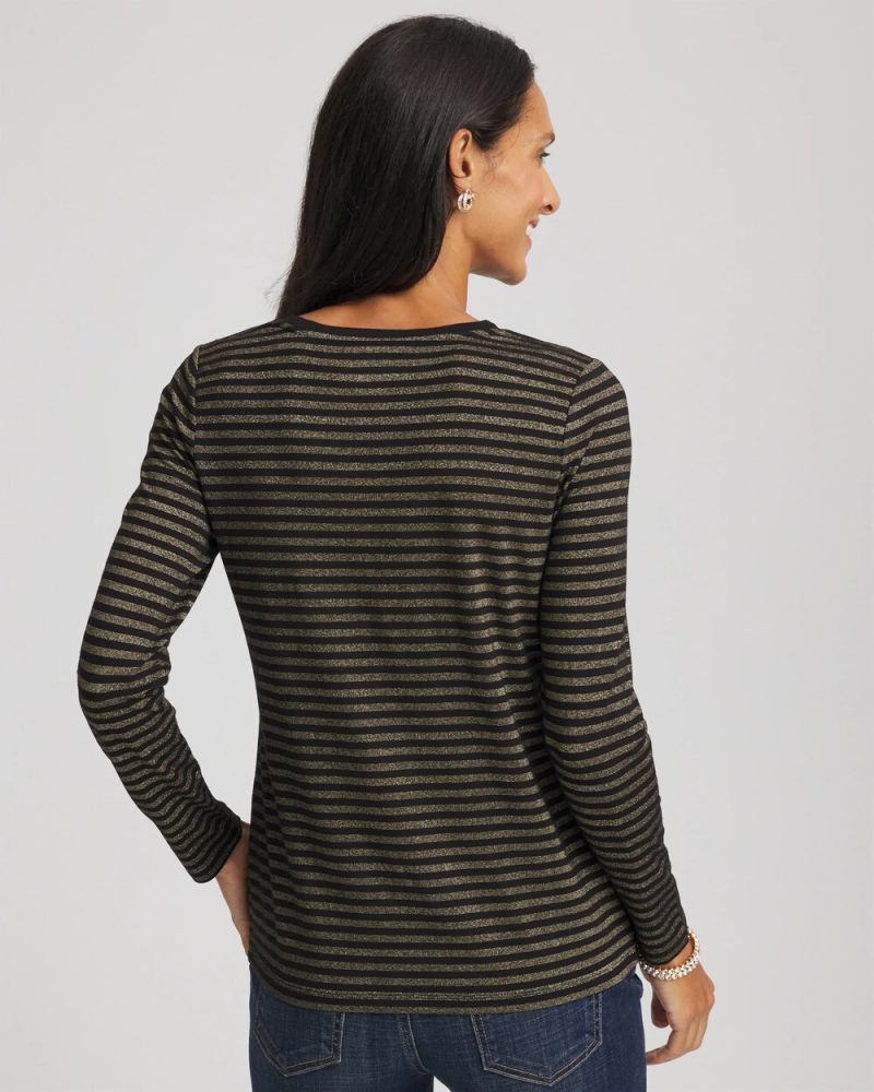 Chicos Touch of Cool™ Metallic Striped Layering Tee - BLACK