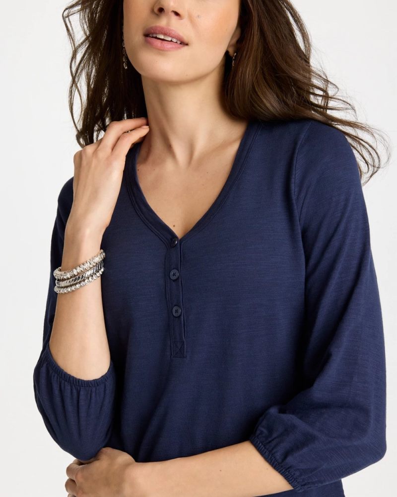 Chicos Puff Sleeve Cotton Slub Henley Tee - PASSPORT BLUE