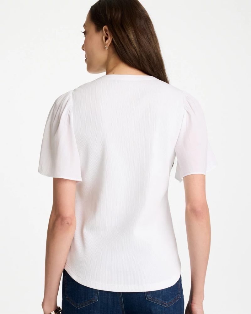 Chicos Rib Knit Woven Flutter Sleeve Tee - ALABASTER