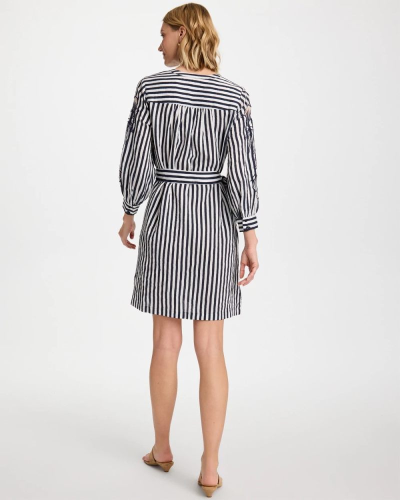 Chicos Embroidered Striped Dress - NAVY