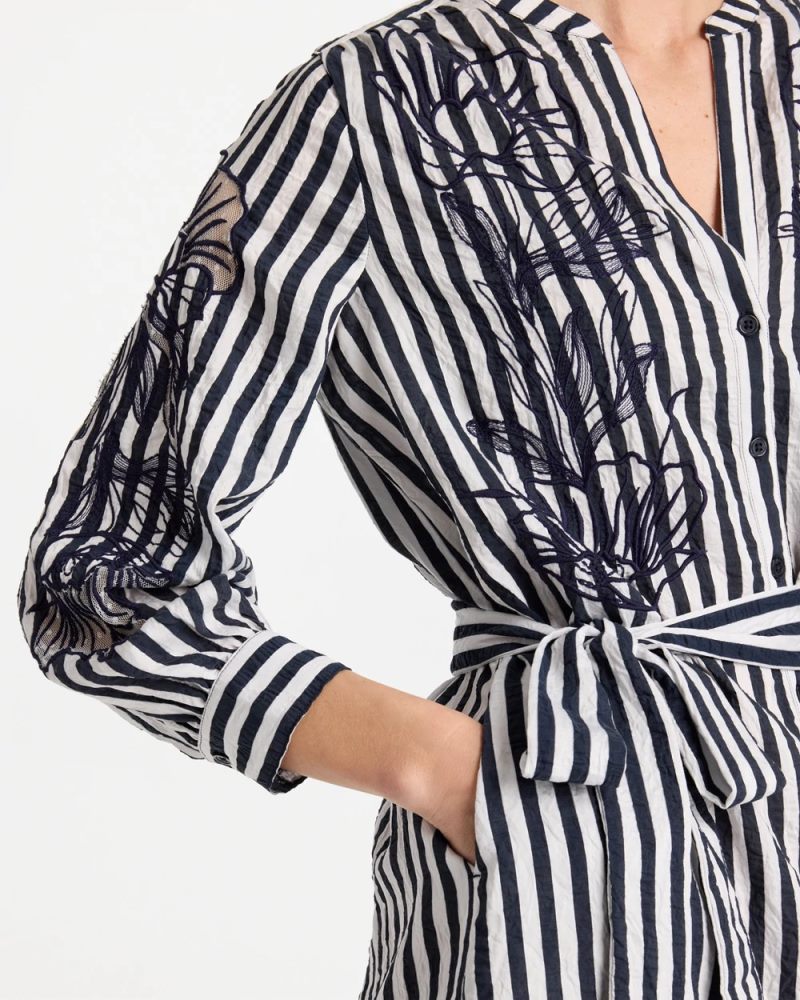 Chicos Embroidered Striped Dress - NAVY