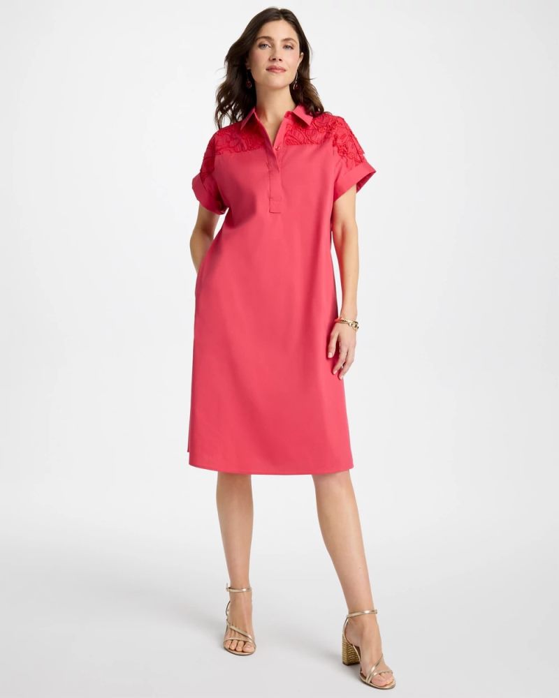 Chicos Popover Embroidered Poplin Dress - HOT HONEYSUCKLE