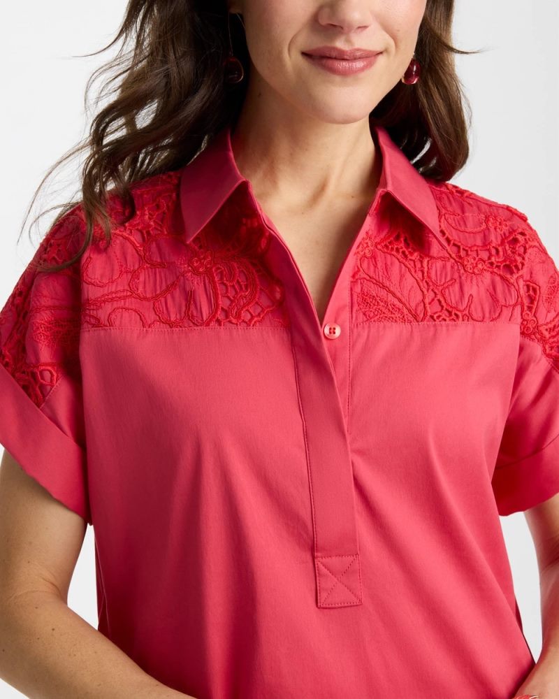 Chicos Popover Embroidered Poplin Dress - HOT HONEYSUCKLE
