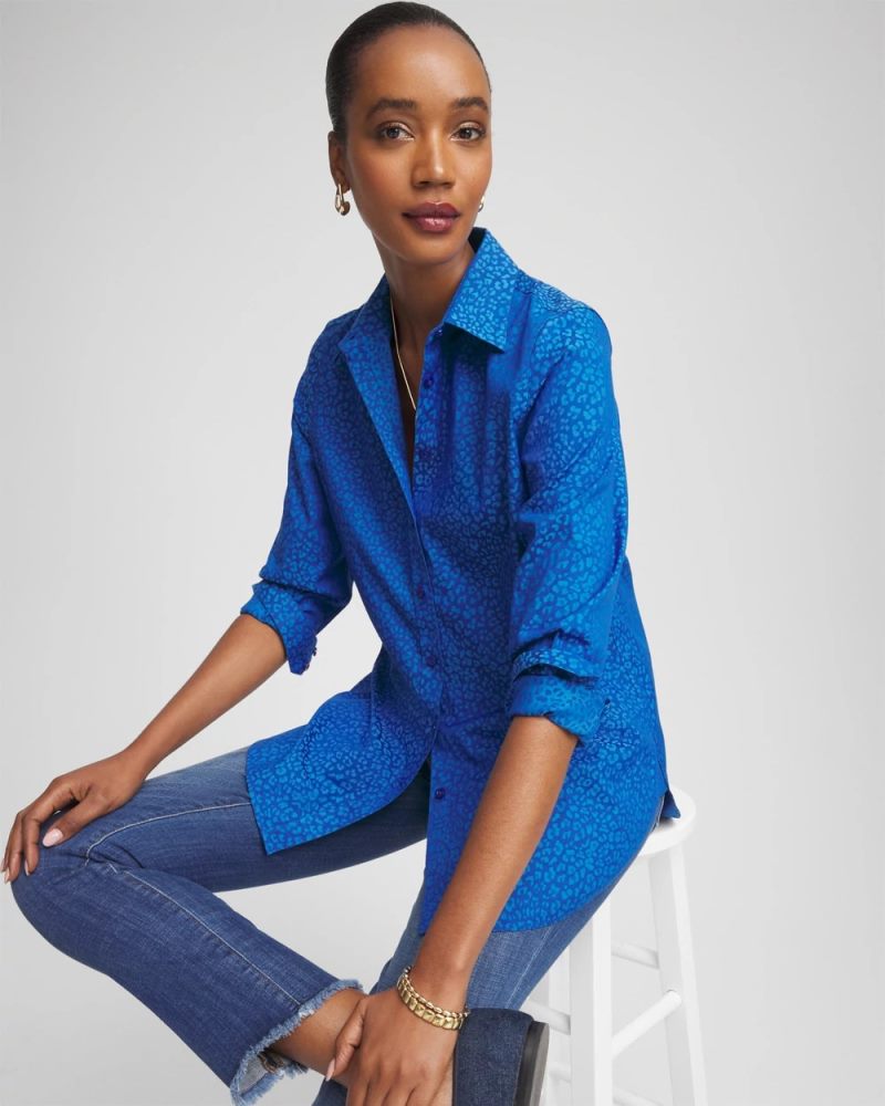 Chicos No Iron Jacquard Animal Motif Shirt - COBALT STONE