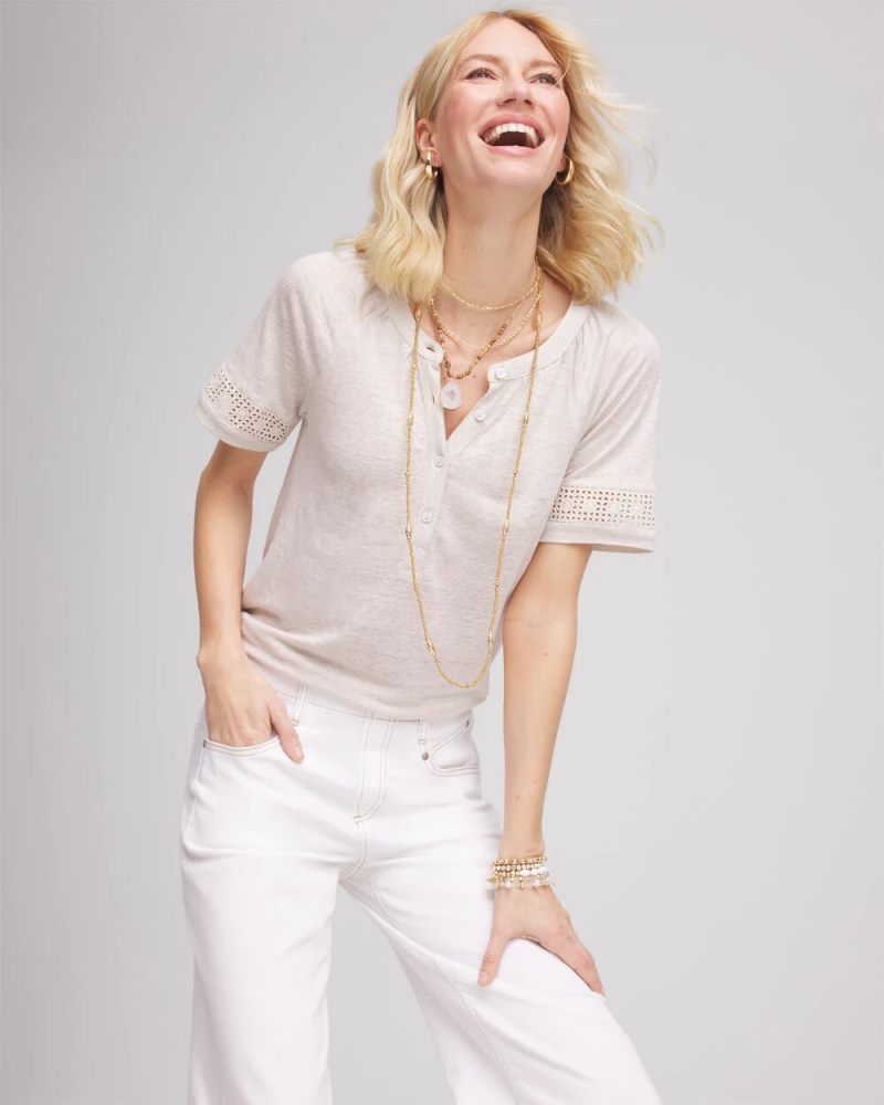 Chicos Linen Lace-Cutwork Sleeve Henley Tee - RIVER ROCK