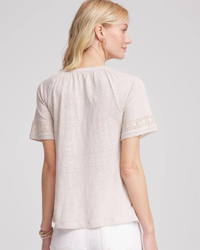 Chicos Linen Lace-Cutwork Sleeve Henley Tee - RIVER ROCK