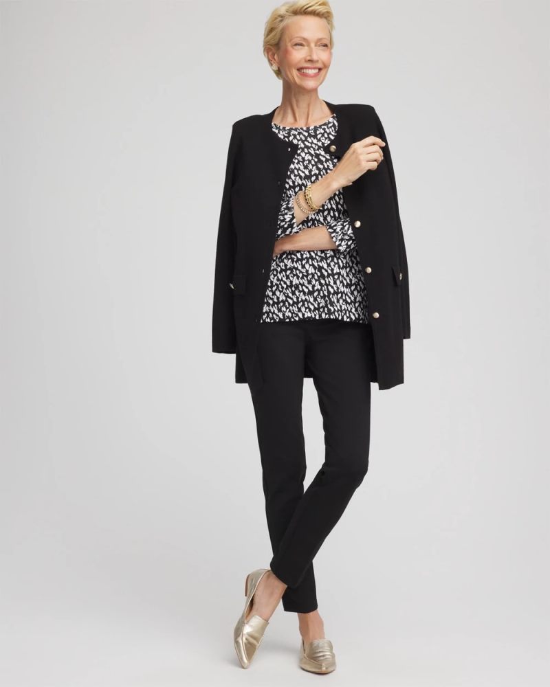 Chicos Pima Crewneck Button Tee - BLACK