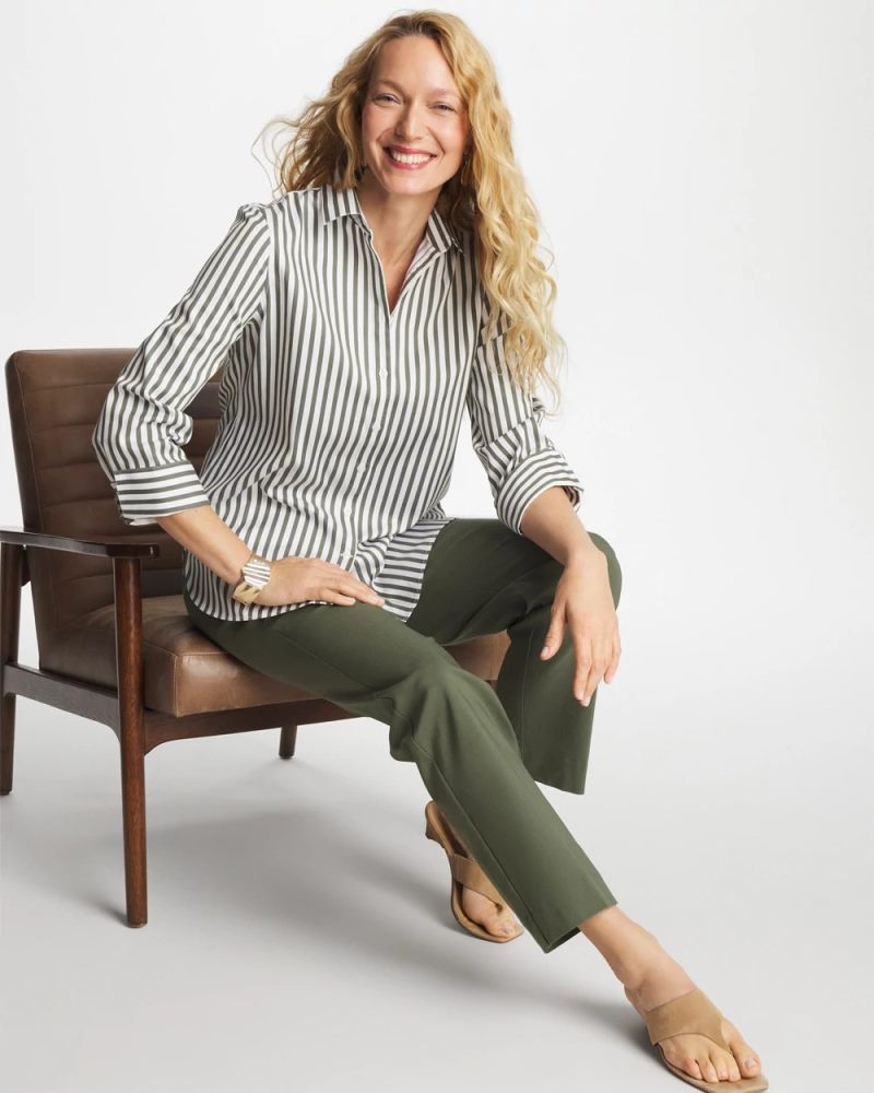 Chicos No Iron Stretch Striped Shirt - KELP FOREST