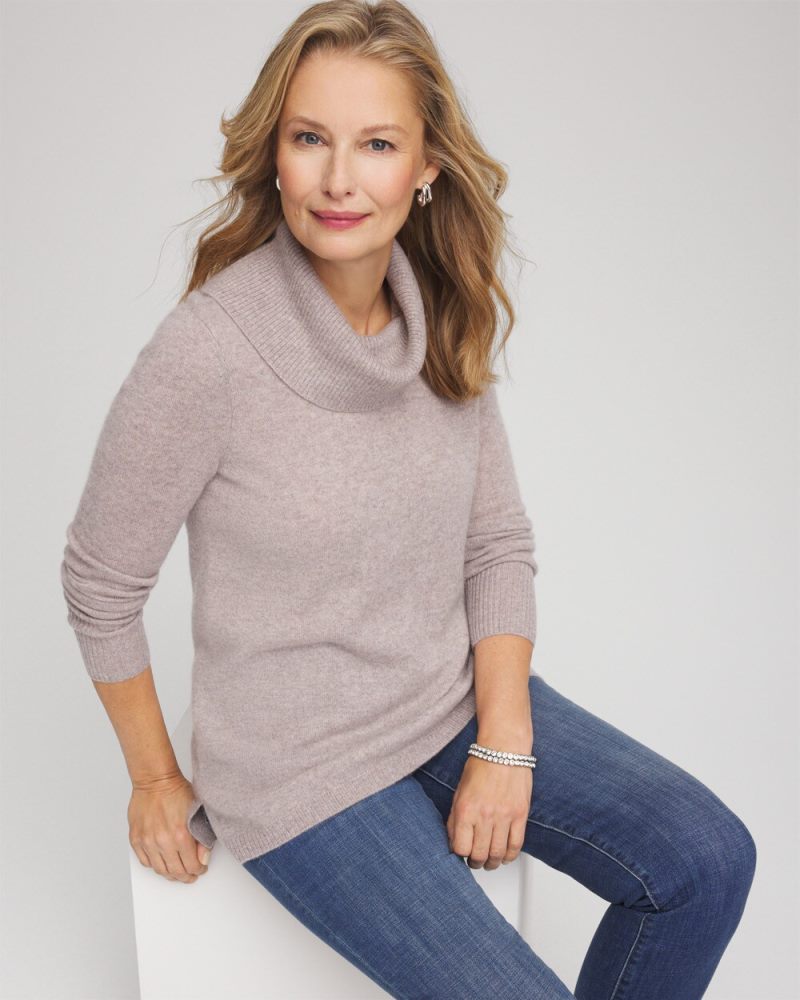 Chicos Cowlneck Cashmere Pullover Tunic - TAUPE HEATHER