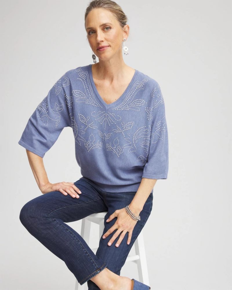 Chicos Dolman V-Neck Sweater - BLUE LOTUS