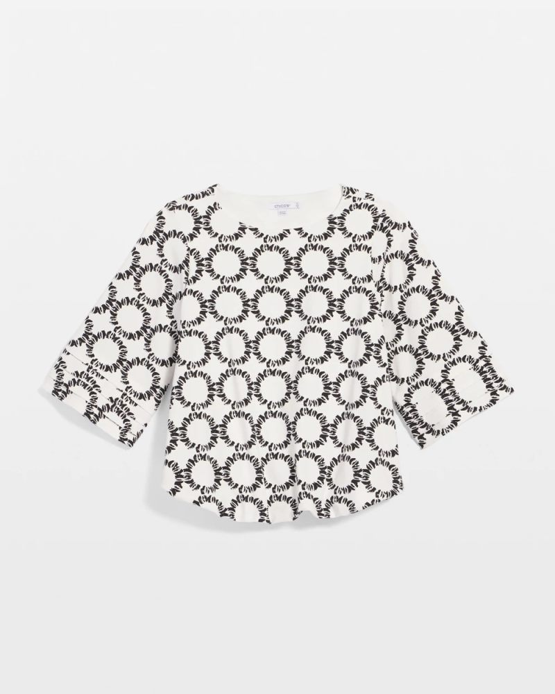 Chicos Geo Print Boatneck Bubble-Hem Top - ECRU